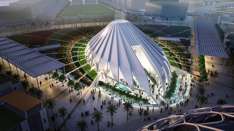 The UAE Pavilion, designed by Spanish architect Santiago Calatrava, is shaped like a falcon in flight — the official symbol of the UAE.
