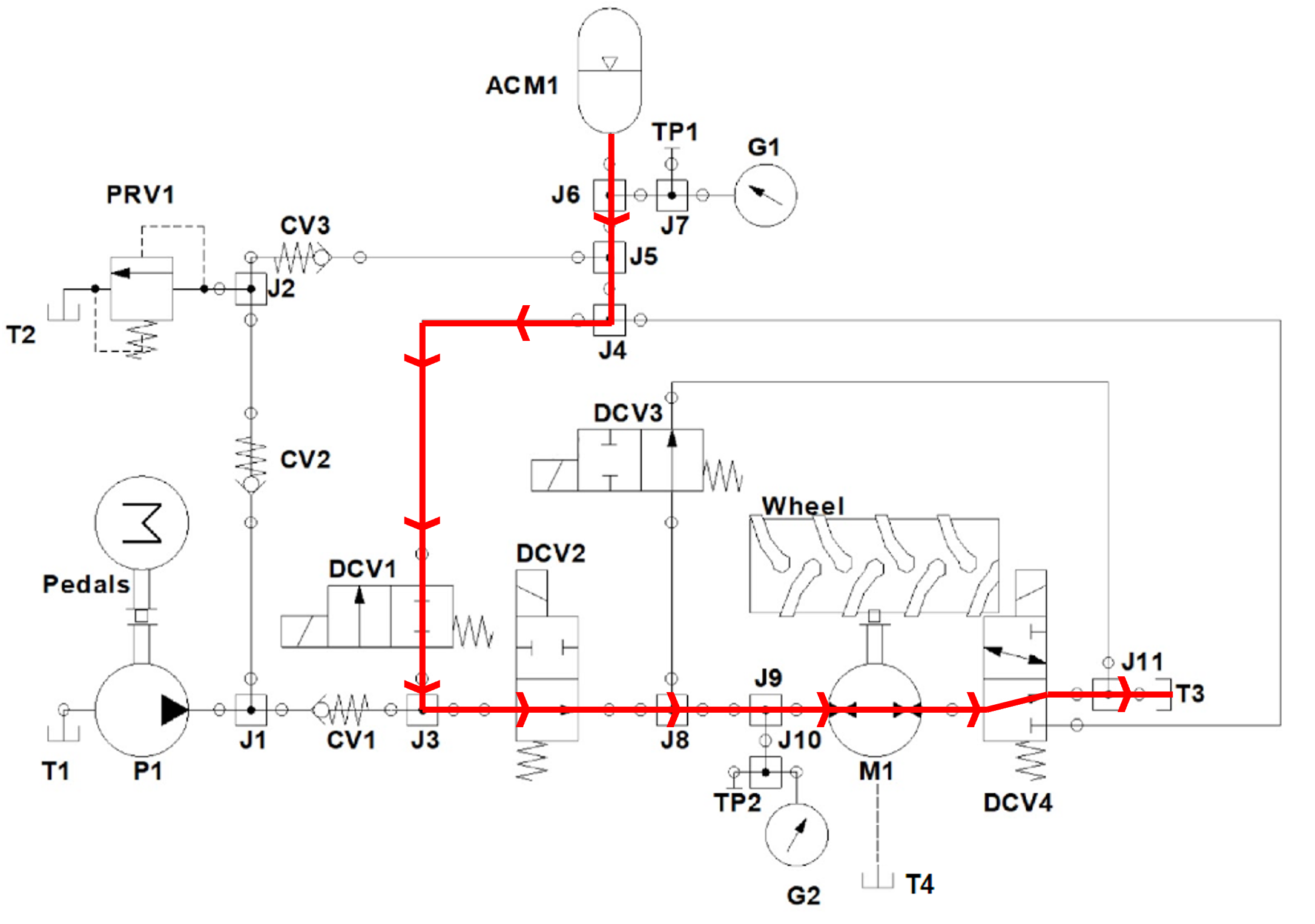 TAMU Fluid Power Club hydraulic circuit showing accumulator discharge propulsion mode.